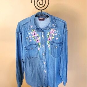 Lasha Long Sleeve Handpainted Floral Blue Jean Sz. XL Blouse with Pockets